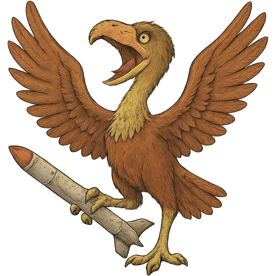 an insignia for a flag: a strange foreign alien bird creature, resembling a prehistoric phorusrhacos, gripping a sidewinder missile in its' powerful claw, standing up on its' other claw, cawing fiercely, wings spread in defiance.
 emoji