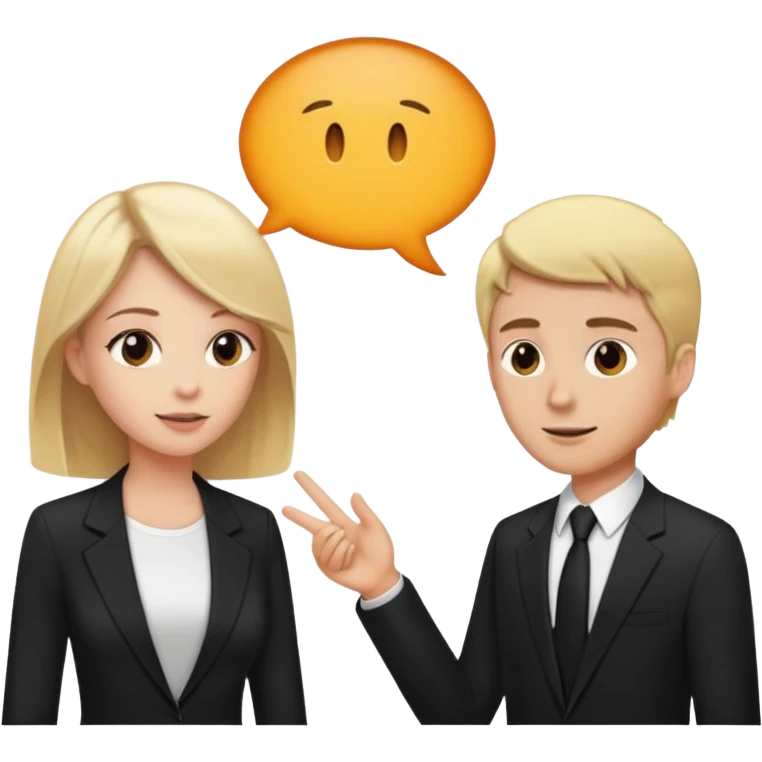 blonde woman in black suit talking to brown-haired man in white t-shirt emoji