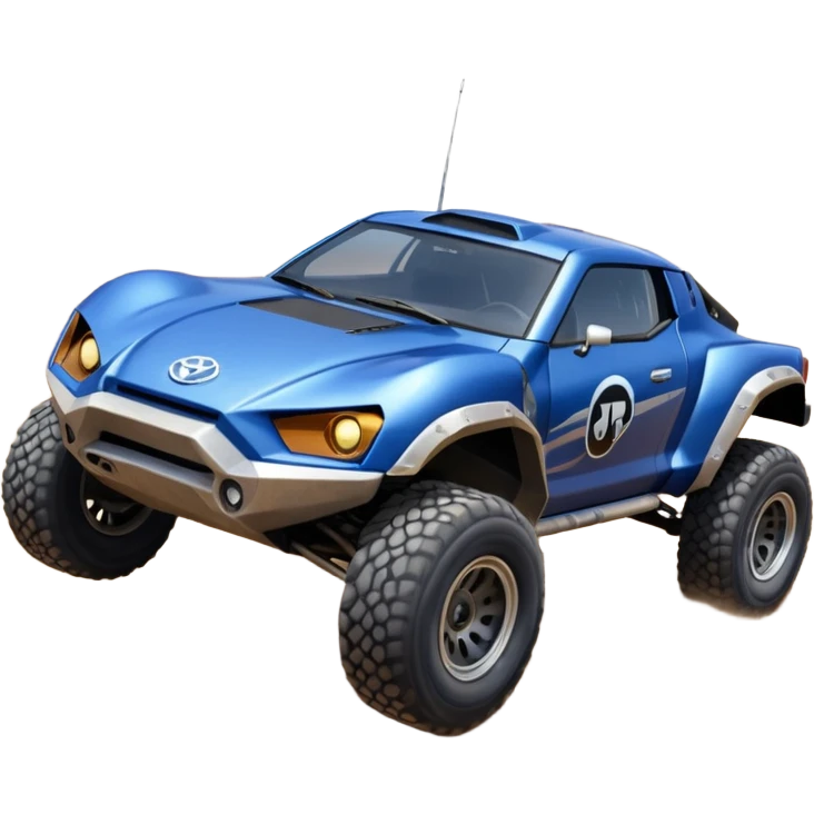 Mandalorian evil darkly night blue Dirty and dented Local Motors Rally Fighter off road race car hot rod meets 2013 Toyota 86 trophy truck-style basher flying on a dusty road (silver wheels) emoji