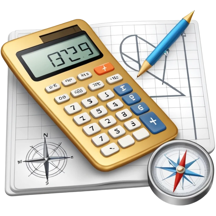 An icon featuring mathematical formulas, a calculator, geometric shapes, and the golden ratio with calculations, symbolizing mathematics. The design includes a compass, a ruler, and a graph, representing the study of numbers, equations, and spatial relationships. Transparent background emoji