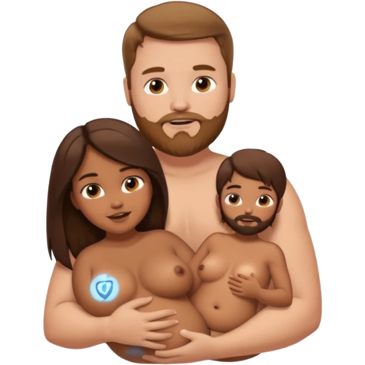 chubby white guy with brown hair and beard, holding a brown girl with long dark hair in arms, naked, showing tits and pussy emoji