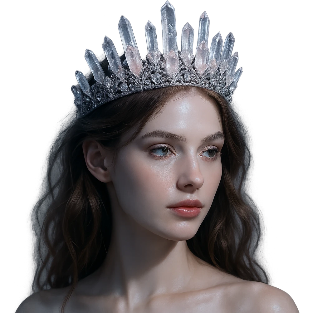 Change the crystal crown to be crafted from clear and pale pink gems, highlighted with silver threads and a gentle moonlit shine. Keep the background transparent. emoji