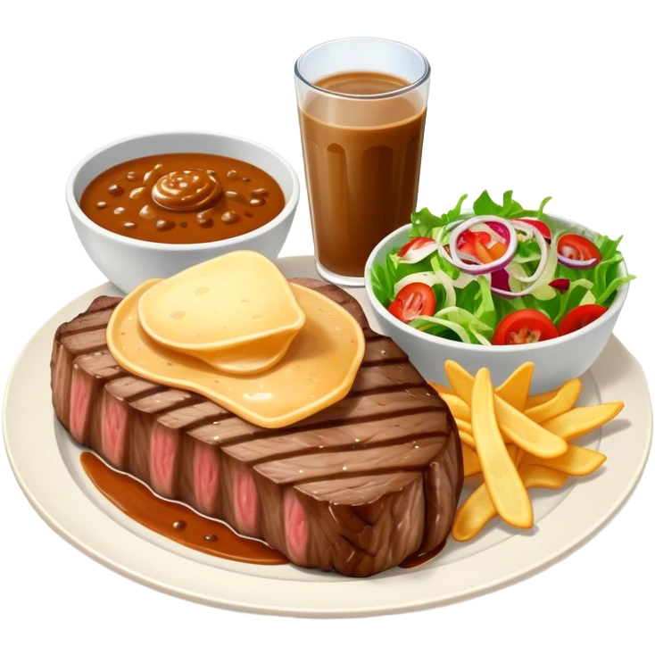 big juicy australian steak meal featuring chips, small salad in a ramikan and gravy in a small bowl on the plate emoji