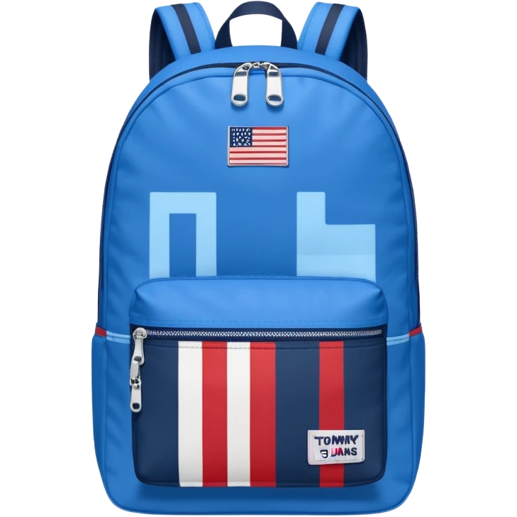 simple blue backpack, at the bottom pocket there is a  one tommyjeans logo featuring a Tommy Jeans-inspired logo. The logo looks like a vertically-striped American flag in red, white. The flag stripes are vertical, not horizontal. Flat

 emoji