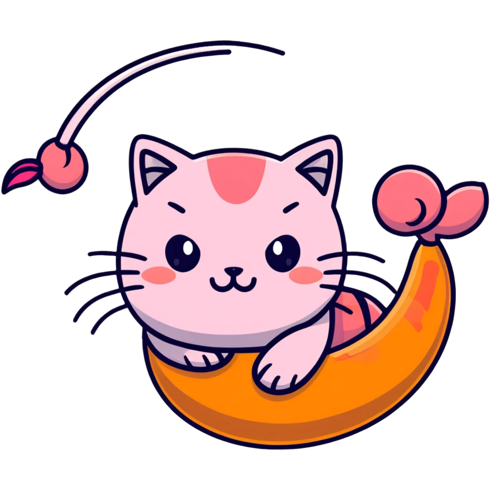 shrimp with a cat head, pink shrimp body with orange cat face emoji