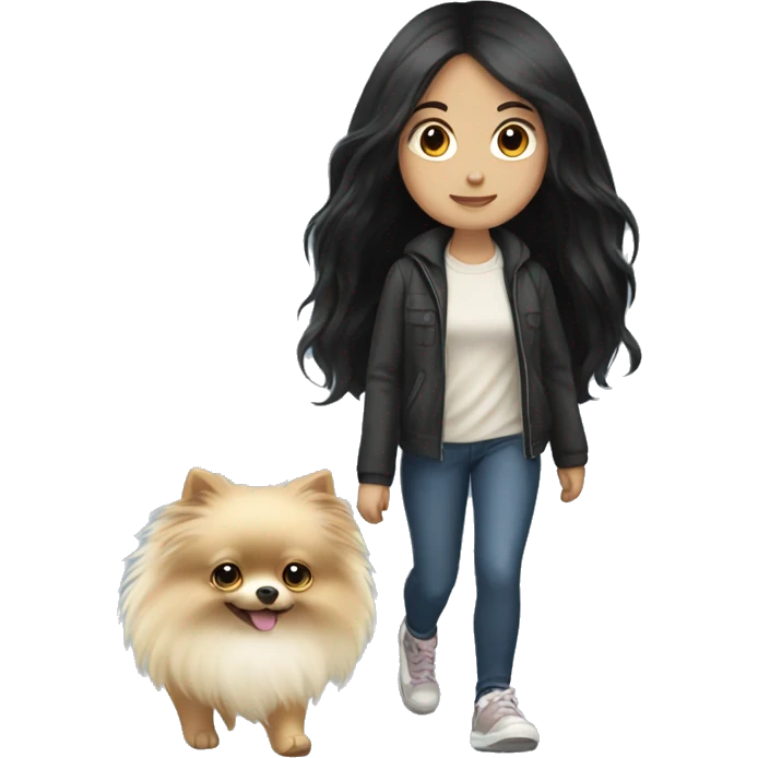 pale girl with long black hair walking with pomeranian emoji