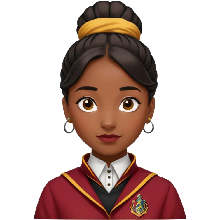 Leilah Sutherland is alicia spinnet in harry potter, wear hogwarts gryfindor uniform, black knot bun hair, black skin emoji
