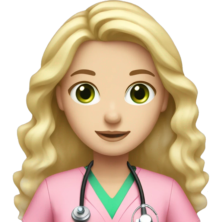 pale blonde girl with long wavy hair and green eyes wearing pink scrubs and stethoscope  emoji