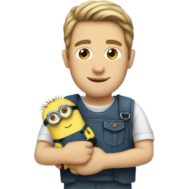 white male, brown eyes holding between his arms a minion with green eyes emoji
