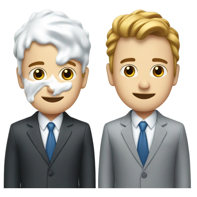 Two men covered in yogurt wearing suits with yogurt on their head, and more yogurt on their suits, but white skin emoji
