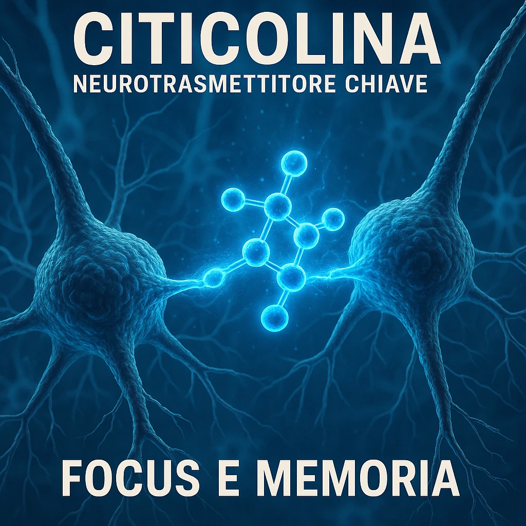 Citicolina come neurotrasmettitore chiave, iper realistico, molecola blu che collega neuroni con energia, scritta 'Focus e memoria', atmosfera positiva, dettagli realistici emoji