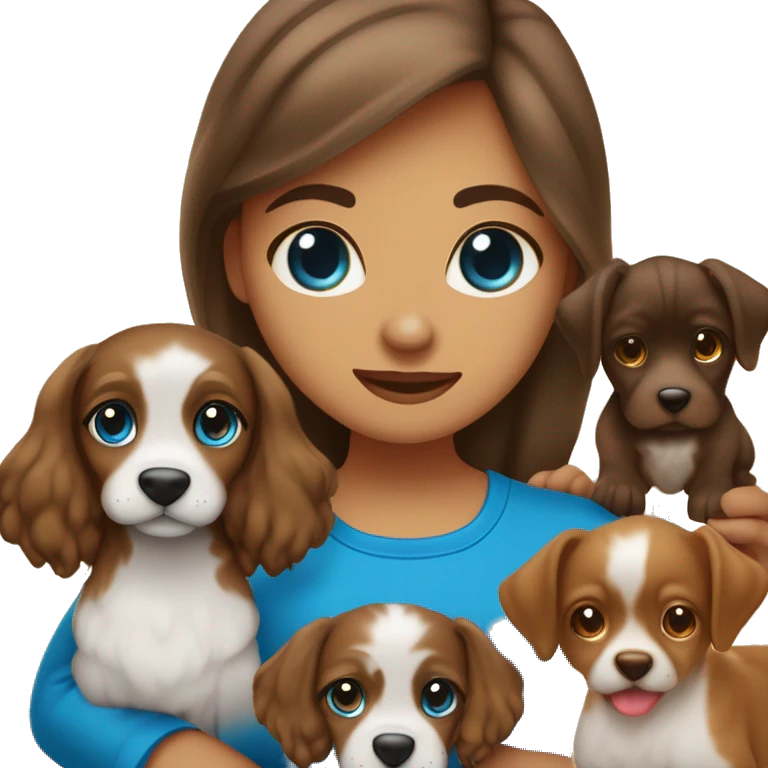criança menina  de olhos castanhos cabelo marrom claro nas costas pele clara com um cachorro caramelo e dois peixes um vermelho e o outro azul. emoji
