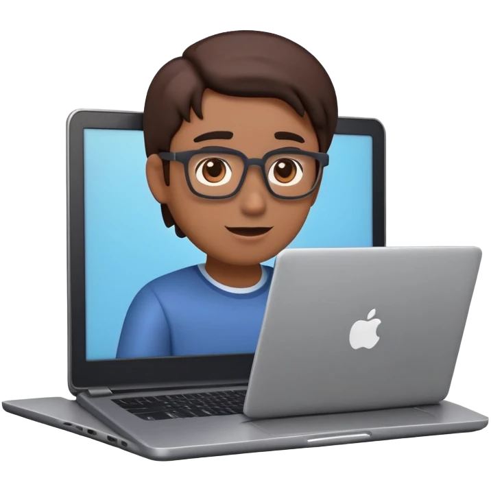 A dark-colored laptop with the screen open. From the screen, a person is emerging, giving a lecture or teaching. The person should look expressive and in a teaching pose. Soft shadows, semi-3D emoji style, clean background. video course emoji