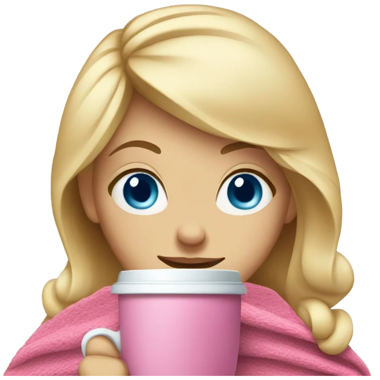 a blonde girl with blue eyes drinking coffee with a pink blanket around her shoulders emoji