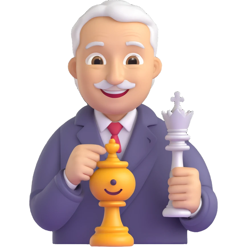 3D smiley emoji, round shape, grandfather with a chess piece, gray color, smiling face emoji