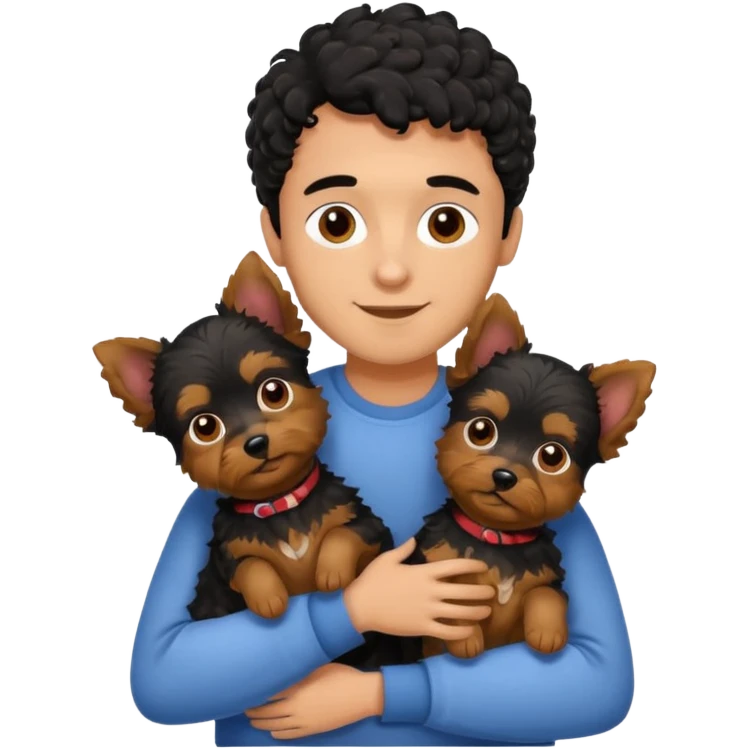 Young man with little brown skin, black curly hair, cheerful dark brown eyes, hugging two Yorkie dogs emoji