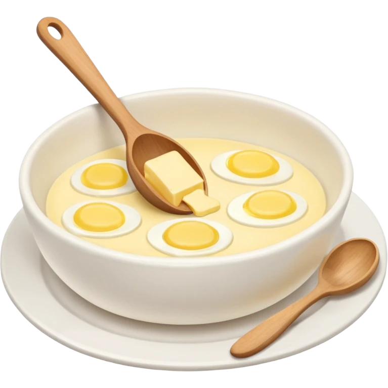 a dozen eggs, a ceramic mixing bowl with a wooden spoon and a plate of butter emoji
