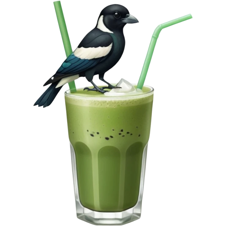It’s an Australien Magpie sitting on an iced matcha latte on the edge of the glass. It has green matcha on its beak indicating it drank. The iced matxha latte is in a see through glass and white from the oat milk on the bottom and green on top…and there is a straw in the drink and ice cubes emoji