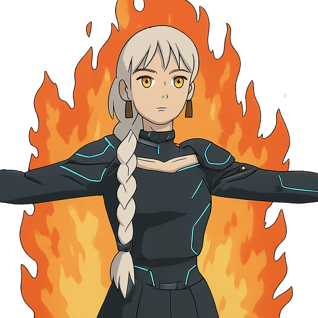  young woman with gold yellow eyes, white hair, long braid, black off-shoulder top, punk gothic style, futuristic cyberwave cyberpunk,, she is calmly t-posing in front of a raging fire emoji