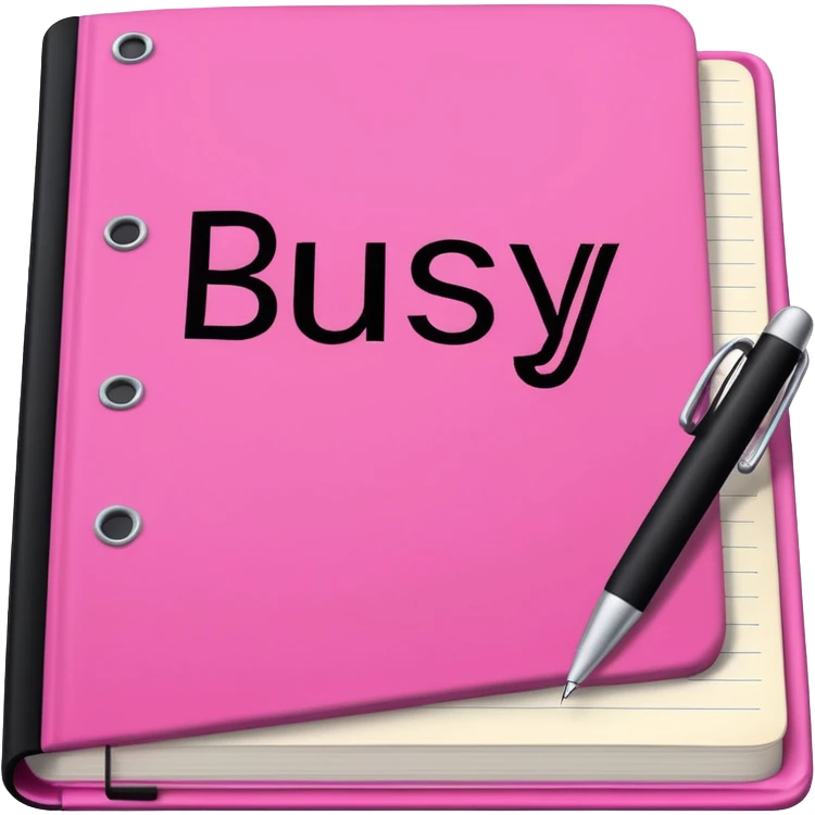 big  pink book and note pen add on it the word BUSY in bold black emoji