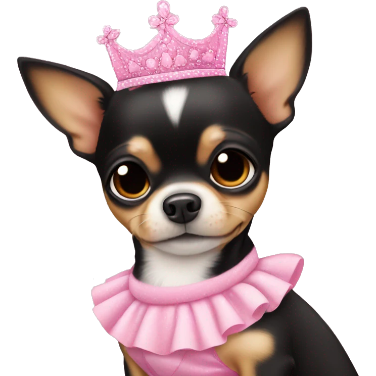 black & tan chihuahua puppy wearing a pink princess dress emoji
