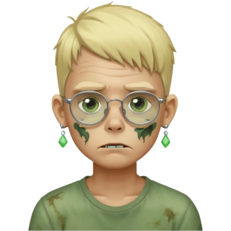 make a blond zombie boy, with a tired appearance, he wears frameless glasses, and 1 earring in each ear, a point of light earring style emoji