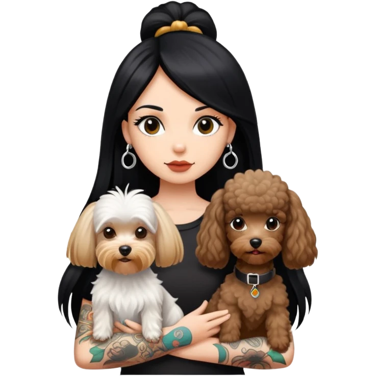 girl with long black  straight hair and tattoos and a  white Yorkshire and a brown poodle emoji