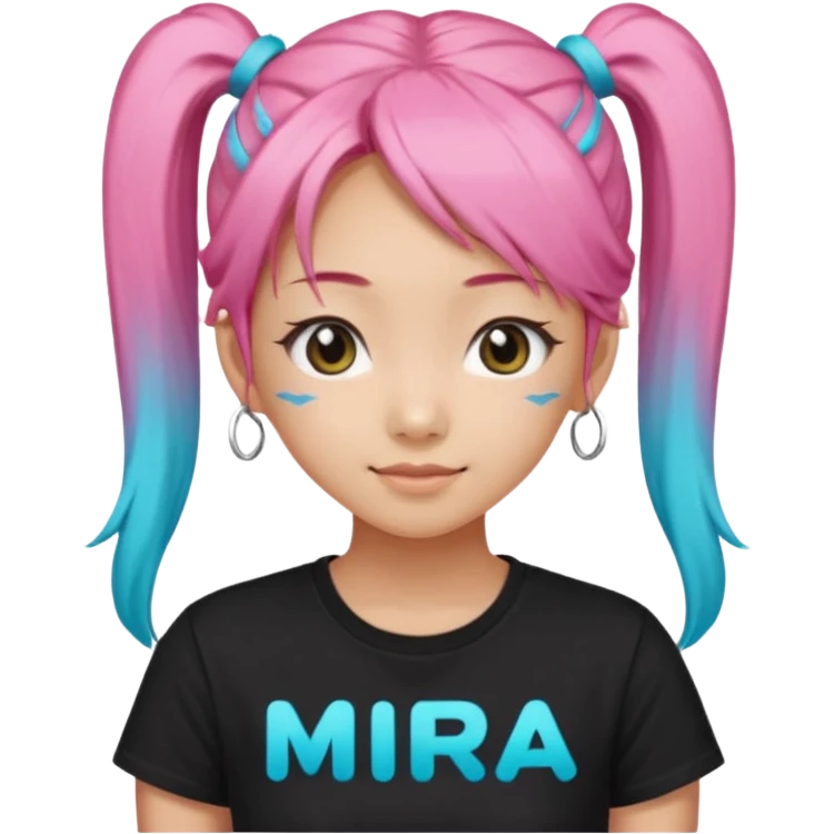 a girl wearing a black t shirt with cyan letters'mira', brave and smart face, narrow eyes, korean girl, small grin,half up half down look with two diagonal pigtails, long pink hair emoji