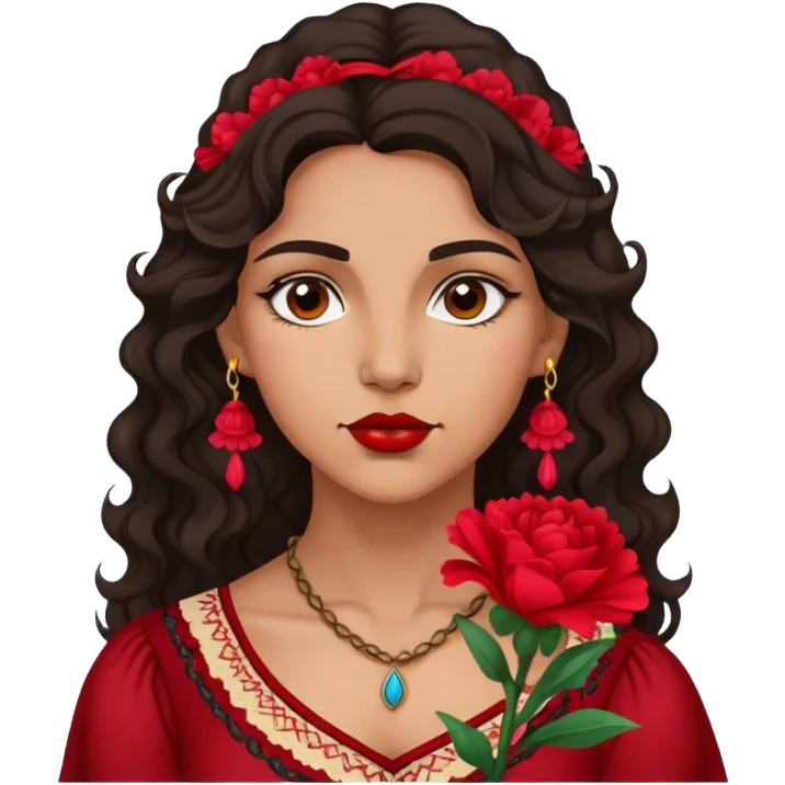 A Gypsy-origin woman with dark wavy hair, a single red carnation behind one ear, and a confident gaz emoji