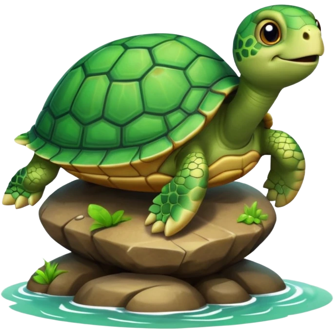 A 3D cartoon turtle climbing onto a rock near water, bright green shell, soft shading and smooth texture, cheerful and friendly expression. emoji