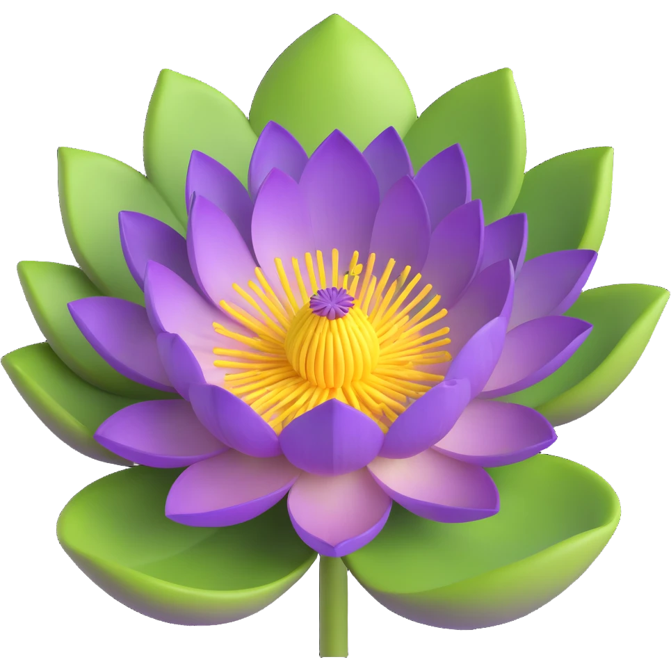 Realistic purple lotus flower with detailed petals, yellow stamens, and green lotus pad emoji
