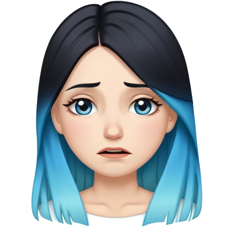 White female-crying-gorgeous face-very long straight black to sky blue hair ombre-dressed as a goa emoji