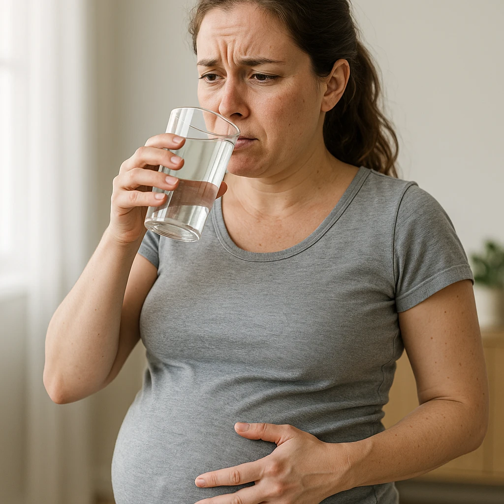 realistic woman with a swollen belly drinking water, expression of discomfort or worry, clear and informative atmosphere emoji