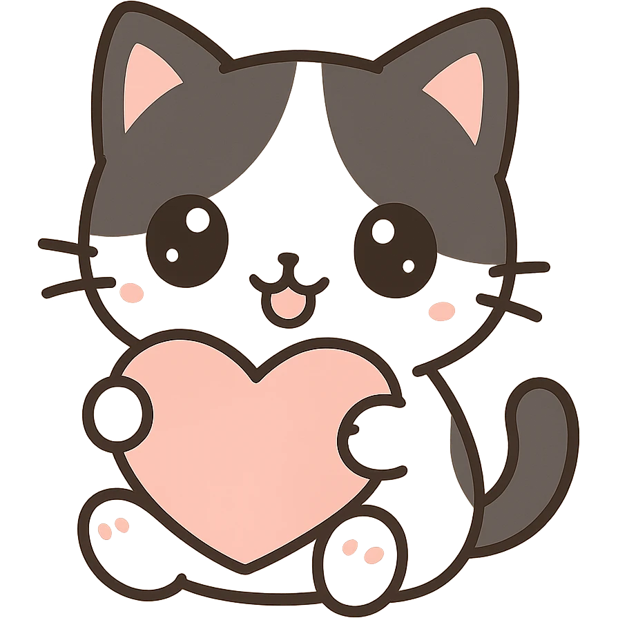 small black and white anime style cat with big eyes holding a heart emoji