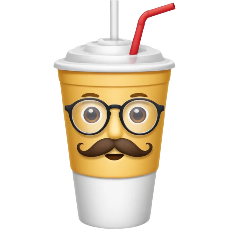 paper cup and white straw, the cup has eyes and mouth and glassess and mustache emoji