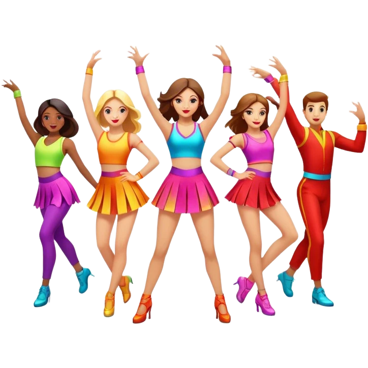 Icon for Contemporary Dance: a synchronized guys and girls group performance on stage with backup dancers in bright, modern outfits and dynamic lighting. The icon should capture the energy and coordination of a dance routine, with a focus on movement and stage presence. Transparent background. emoji