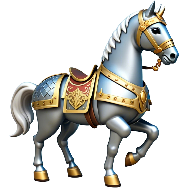 Clash of Clans aesthetic: Cinematic Playful Armored Horse Emoji, rendered in a 3D vector-style similar to standard emojis with minimal shading and bold, simplified shapes. A compact, isometric warhorse outfitted in intricately detailed armor with noble accents, softly glowing with a gallant medieval carriage charm. Simplified yet unmistakably iconic, highly detailed and consistent, glowing with a soft radiant shine and high polish. Stylized with a touch of heroic elegance and a soft glowing outline, capturing the essence of a noble steed ready for battle with a friendly, playful air! emoji