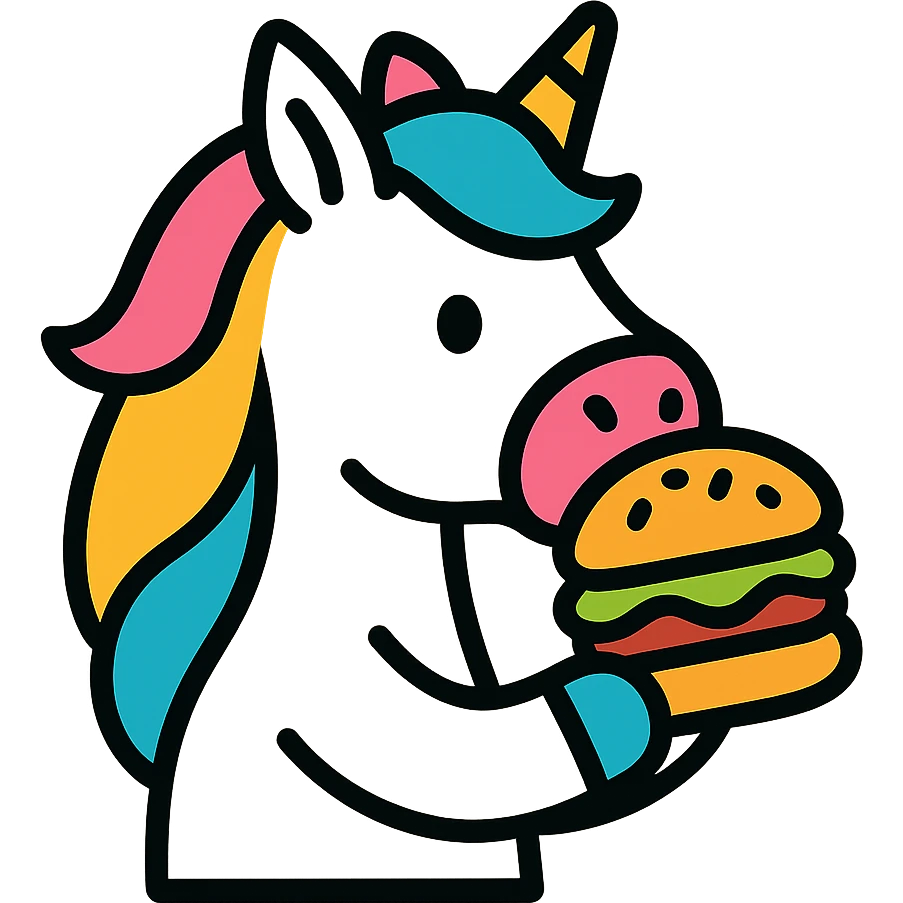 unicorn eating a hamburger, minimalist, modern emoji