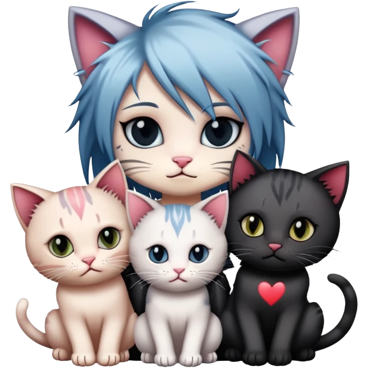 two emo cats in love with tattoos and cool hair, surrounded by five emo kittens emoji