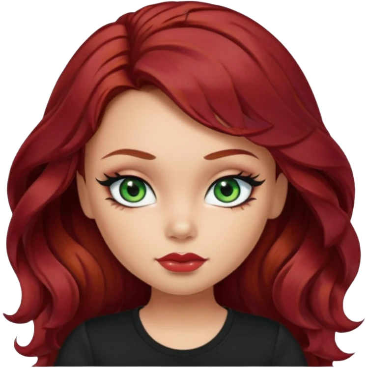 a pretty fair bratz girl with wavy dark red hair, wearing a black tee. eyeliner on, green eyes emoji