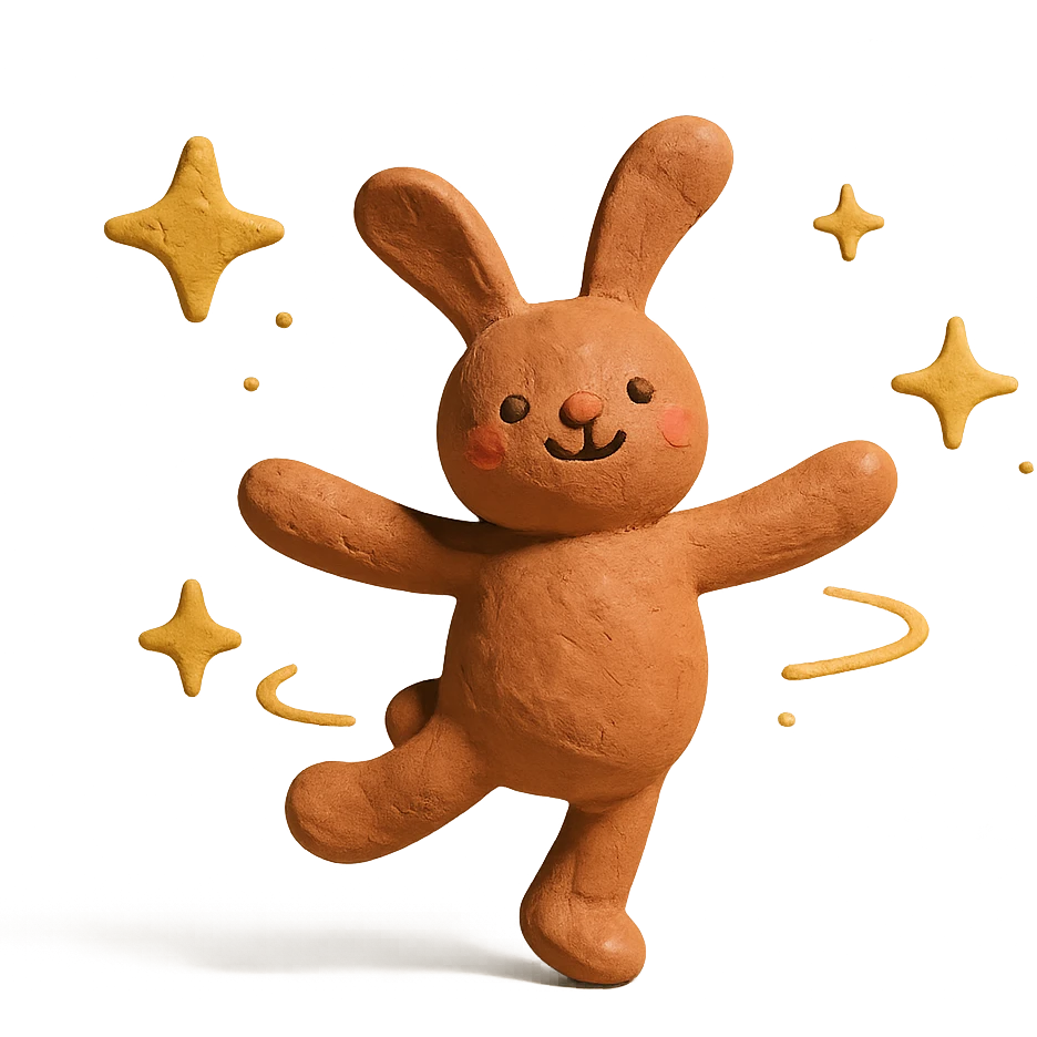 floppy bunny twirling with sparkles, claymation style emoji