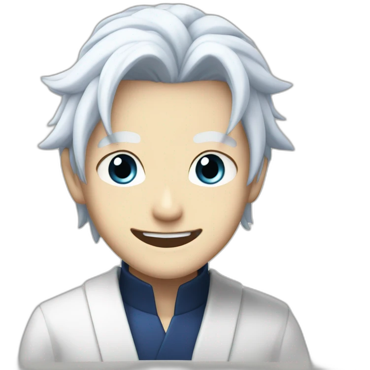 Satoru Gojo with his blue eyes,long medium white hair and a big friendly smile emoji