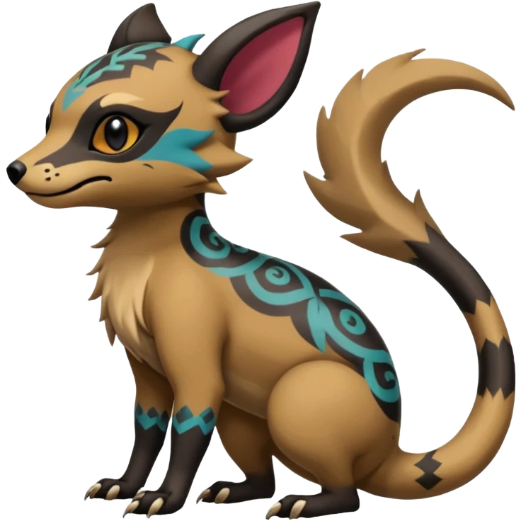 Rare warm-colored exotic cute epic aesthetic gothic colorful Salandit-Eevee-Civet-species-Fakemon-hybrid-creature, with tribal tattoo markings, full body emoji