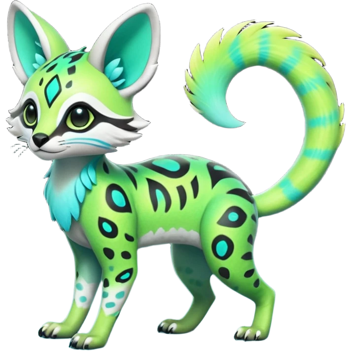 Rare realistic iridescent neon lime-green & cyan gradients lush tropical exotic cute epic pretty beautiful handsome gorgeous aesthetic colorful vibrant Vernid-Protogen-Primagen-Wickerbeast-Genet-Trico-species-Fakemon-hybrid-creature by LiLaiRa, beautiful intricate markings, full body emoji