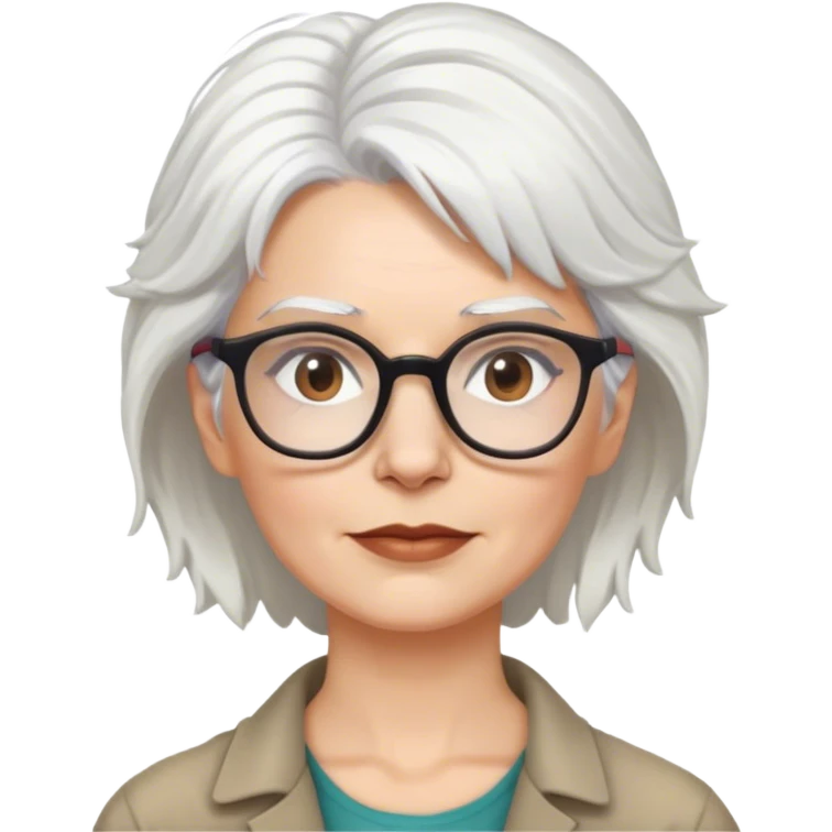 White woman anthropologist, messy cropped white hair, glasses, brown brows emoji