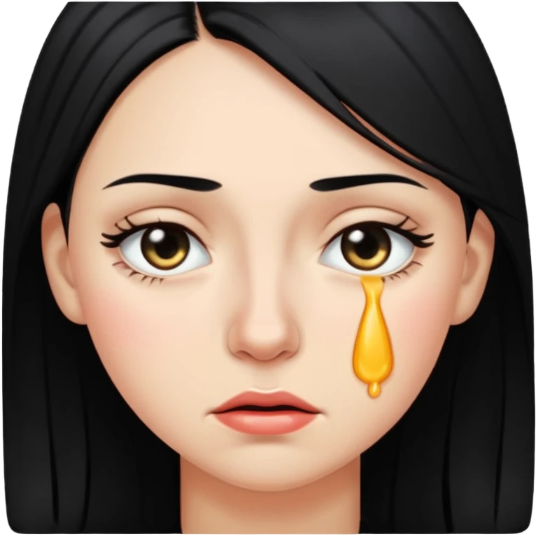 A woman in her late 20s with black hair with tears in her eyes and a look of hunger emoji