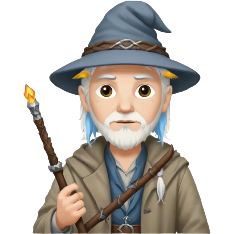 A punk guy with white hair, wearing a hat, holding a Gandalf staff and an AK-47 emoji
