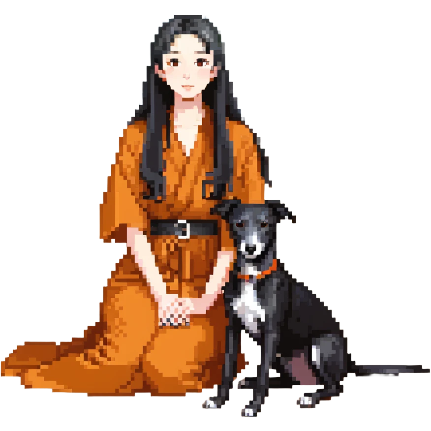 A very beautiful and attractive 25-year-old Japanese woman with long flowing black hair and a SOLID DARK GREY whippet sitting together on a beach during a beautiful sunset. The whippet MUST be COMPLETELY SOLID DARK GREY with ABSOLUTELY NO WHITE MARKINGS ANYWHERE - no white chest, no white face, no white paws, no white tip on tail - ENTIRELY ONE SOLID DARK GREY COLOR throughout the entire dog. Orange and red sunset sky over the ocean, sandy beach in the foreground. emoji