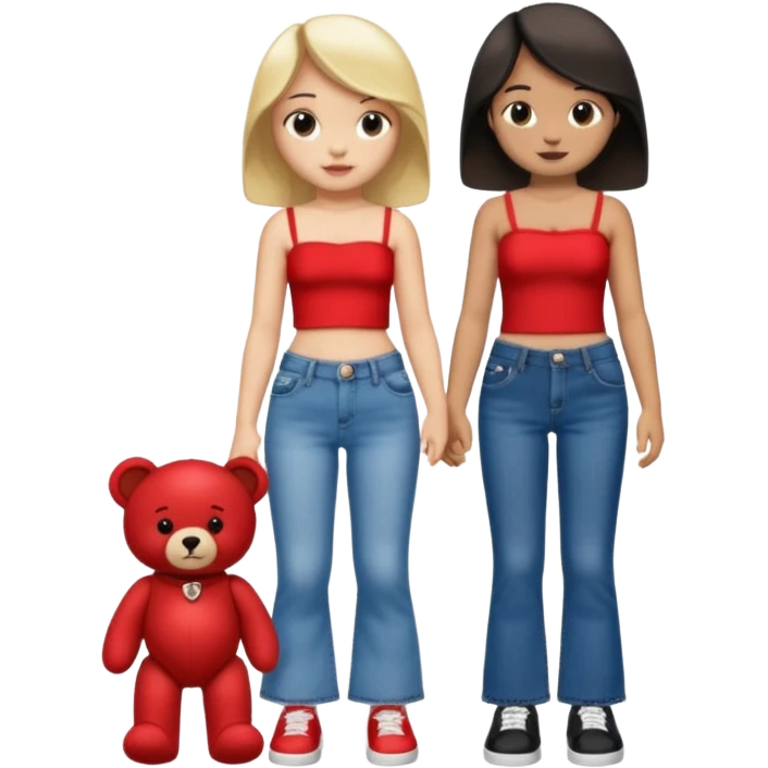 A boy and a girl teddy bear for the boy bear put on true religion shirt and jeans with black shoes and for the girl put flare jeans and a red tube top and white shoes just bears not the humans  emoji