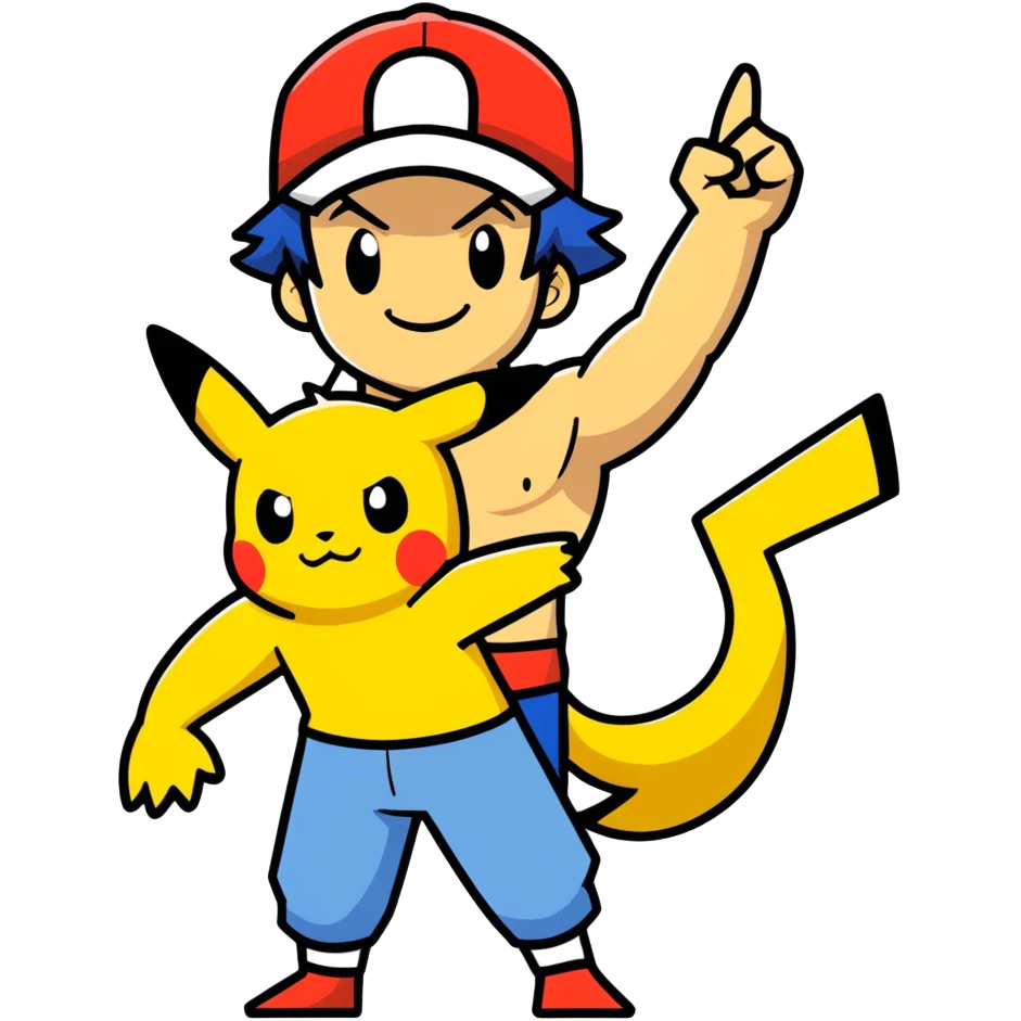 Hot handsomeb muscular 6ft tall smiling happy fun shirtless Ash Ketchum giving clothes free Pikachu a high five emoji